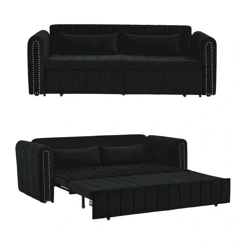 Modernes Schlafsofa aus Samt mit Rollarmen, verziert mit Kupfernägeln