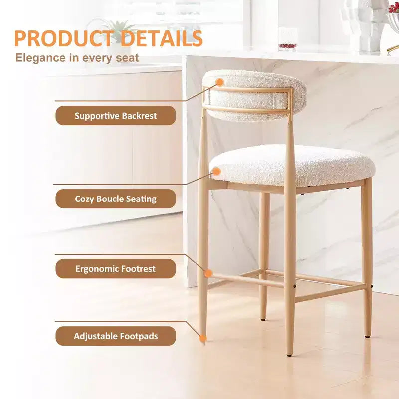 Bouclé Esszimmer-Barhocker ohne Armlehnen 4er-Set, mit Holzmaserung Metallbeinen für Küche, Wohnzimmer, Restaurant, Café – Morden Fort