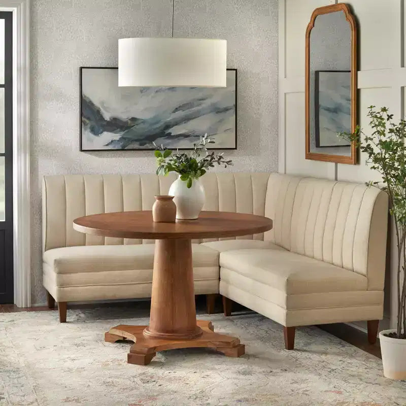Lifestorey 4-teiliges Essgruppe Kerrington Channel Back Banquette Nussbaum/Creme: Leinenoptik-Stoff, Säulentisch