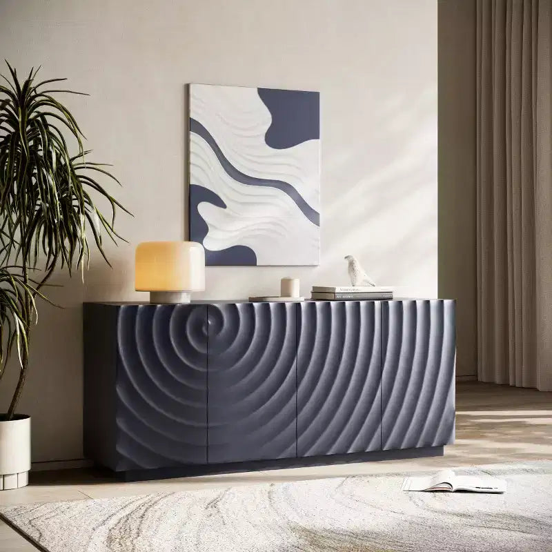 59 Modernes Spiral-Sideboard-Buffetschrank, flaches Kunst-Eingangs-Aufbewahrungsschrank mit 3D-Riffeltextur-Türen