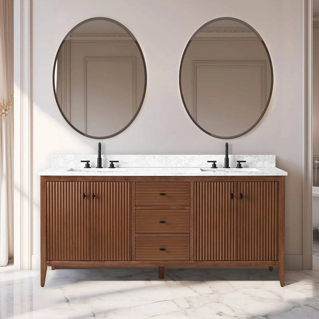 Vanity Art 72 Zoll Badezimmer-Waschtischunterschrank mit Doppelwaschbecken und Kunstmarmorplatte