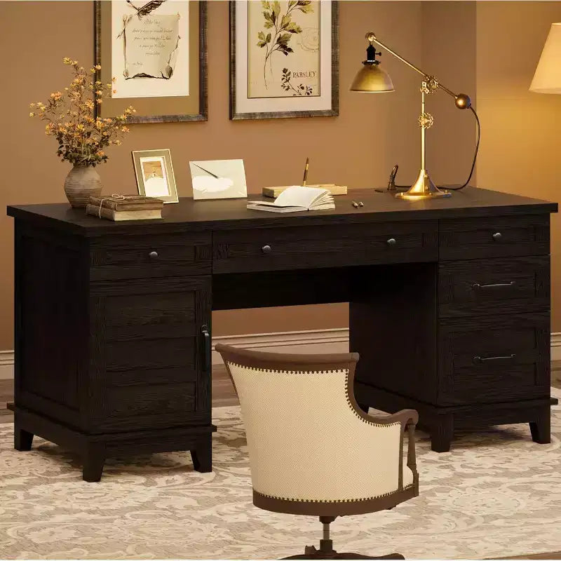 60 Executive Schreibtisch mit Schubladen, Home Office Schreibtisch mit Ladestation, Computer-Schreibtisch aus Holz für Arbeitszimmer, Konferenztisch für Wohnzimmer