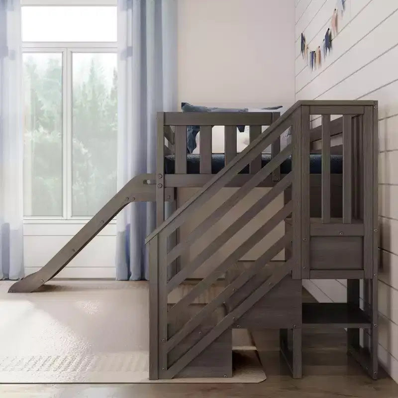 Kinder-Hochbett mit Rutsche & Treppe, Massivholz, 14 Schutzgitter, 180 kg Tragfähigkeit