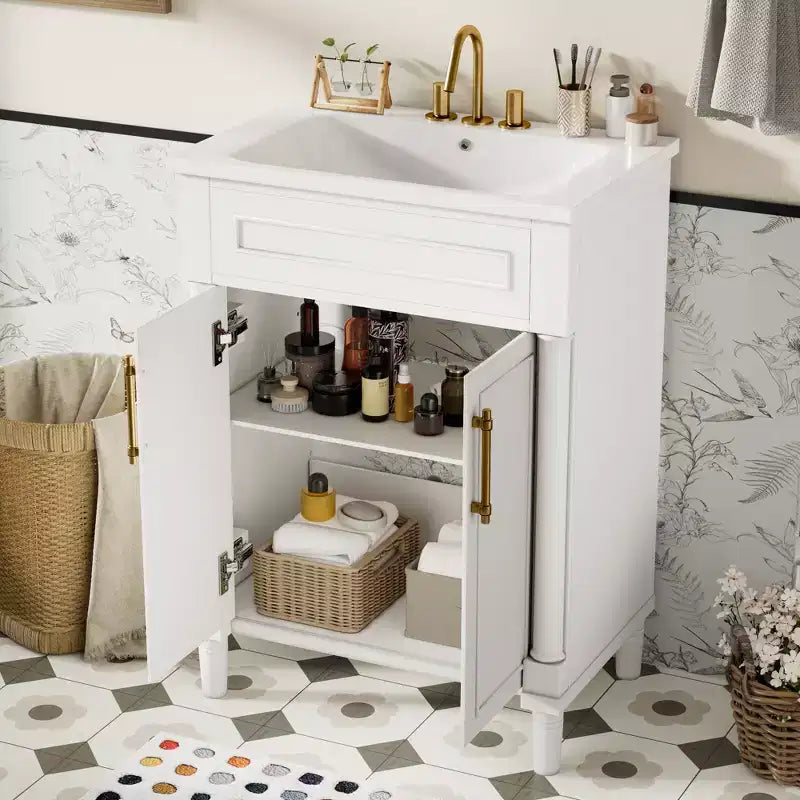 24-Zoll-Badezimmerwaschtisch mit Keramikwaschbecken, Shaker-Schrank, 2 Soft-Close-Türen, Massivholzrahmen für kleines Bad oder Gästetoilette