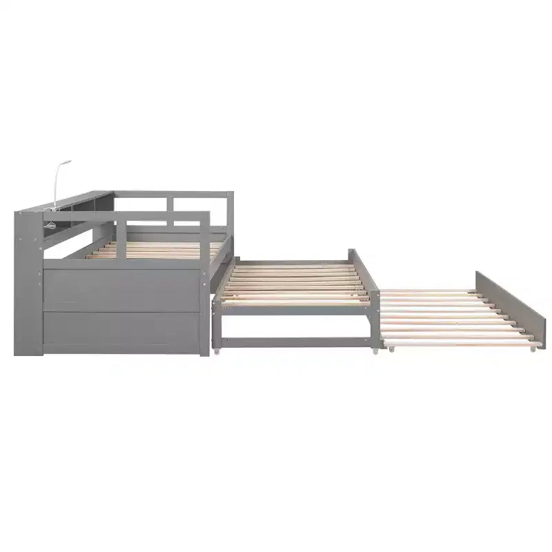 Whisen Twin XL Tagesbett aus Holz mit 2 Ausziehbetten, 3 Staufächern, 1 kostenloser Leuchte und USB-Ladefunktion