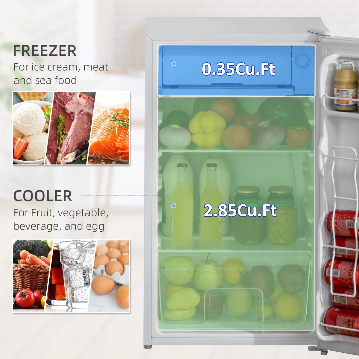 HOMCOM 90L Mini-Kühlschrank mit Gefrierfach, Kompakter Kühlschrank mit einer Tür und einstellbarem Thermostat für Schlafzimmer