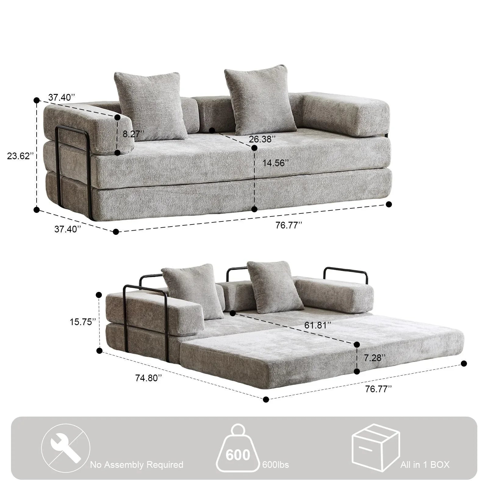 Umwandelbares Bodenschlafsofa mit Rückenkissen, Chenille-Gewebe für Wohnzimmer Schlafzimmer