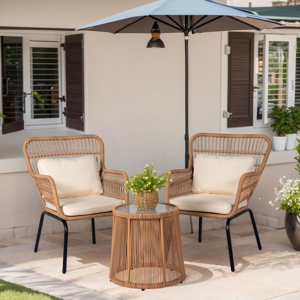 3-teiliges Outdoor-Bistro-Set aus Korbstühlen, witterungsbeständige Rattanmöbel-Sitzgruppe mit Kissen