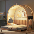 Massivholz-Spielhaus-Plattformbett, Montessori-Bettrahmen mit gewölbtem Dach und Ausziehbett für Mädchen und Jungen