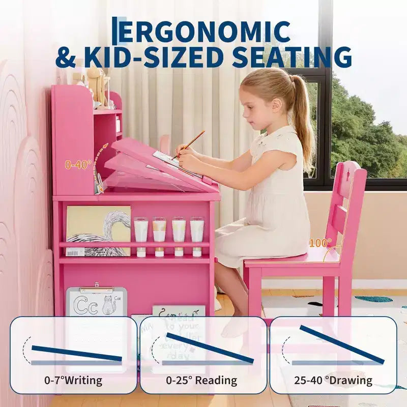 Kinder Schreibtisch & Stuhl Set mit Stauraum, Kinder Schreibtisch mit Aufsatz und neigbarer Platte, für 3-8 Jahre, Schreibtisch für Studenten im Schlafzimmer