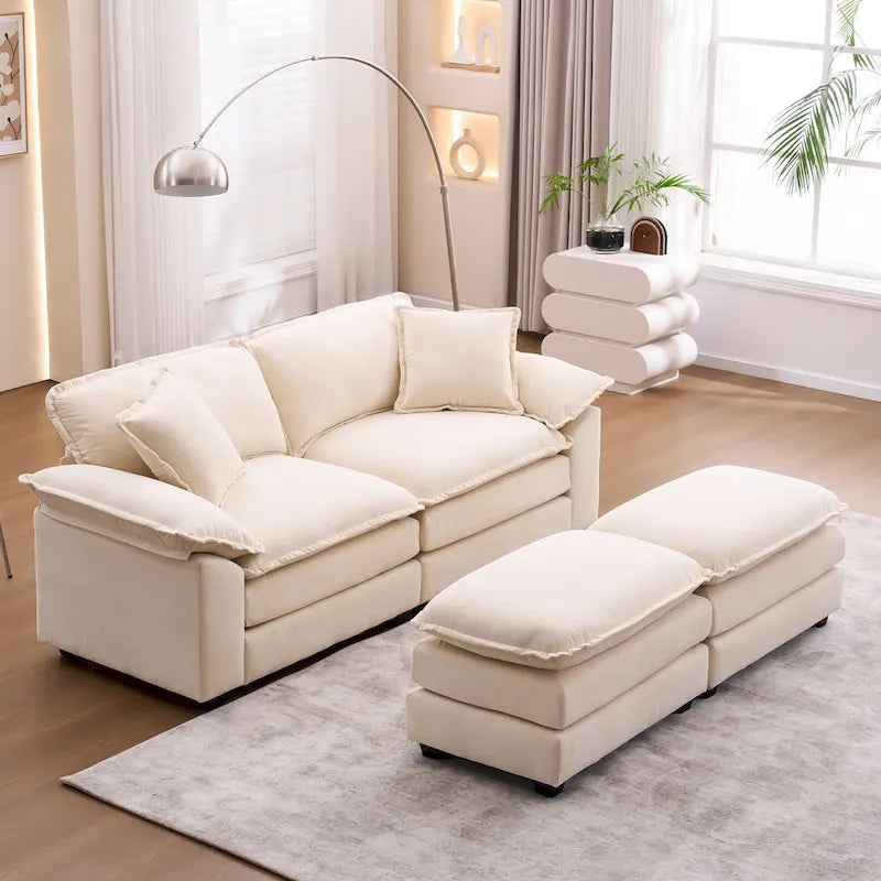 2-Sitzer-Sofa mit 2 Kissen, 2 Polstern und 2 Hockern, bequemes Sofa – Tiefes Wohnzimmersofa, Modulsofa