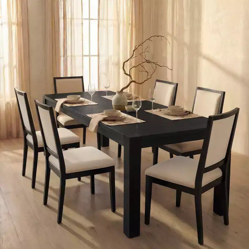 Modernes Esszimmer-Set – 80 Tisch + 6 gepolsterte Stühle, Massivholzrahmen, 180 kg Tischbelastbarkeit, einfache Montage