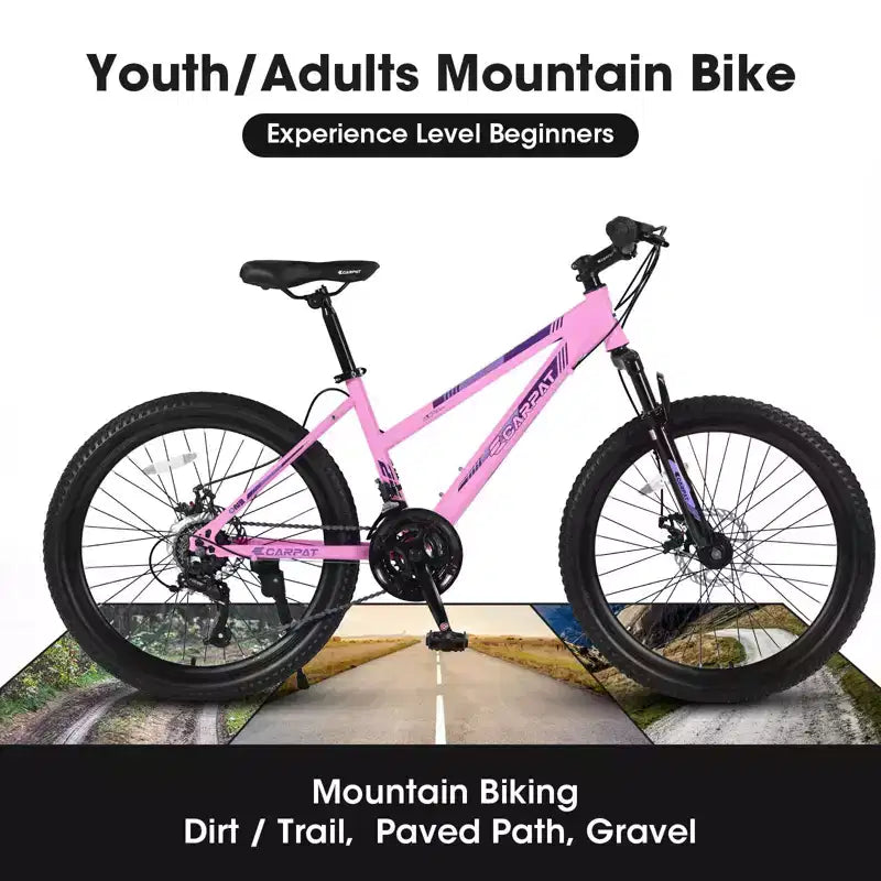 Okak 24/26 Zoll Mountainbike mit 21 Gängen und doppelten Scheibenbremsen, Kinderfahrrad mit 100mm Federgabel, Dirt Bike für Teenager und Frauen
