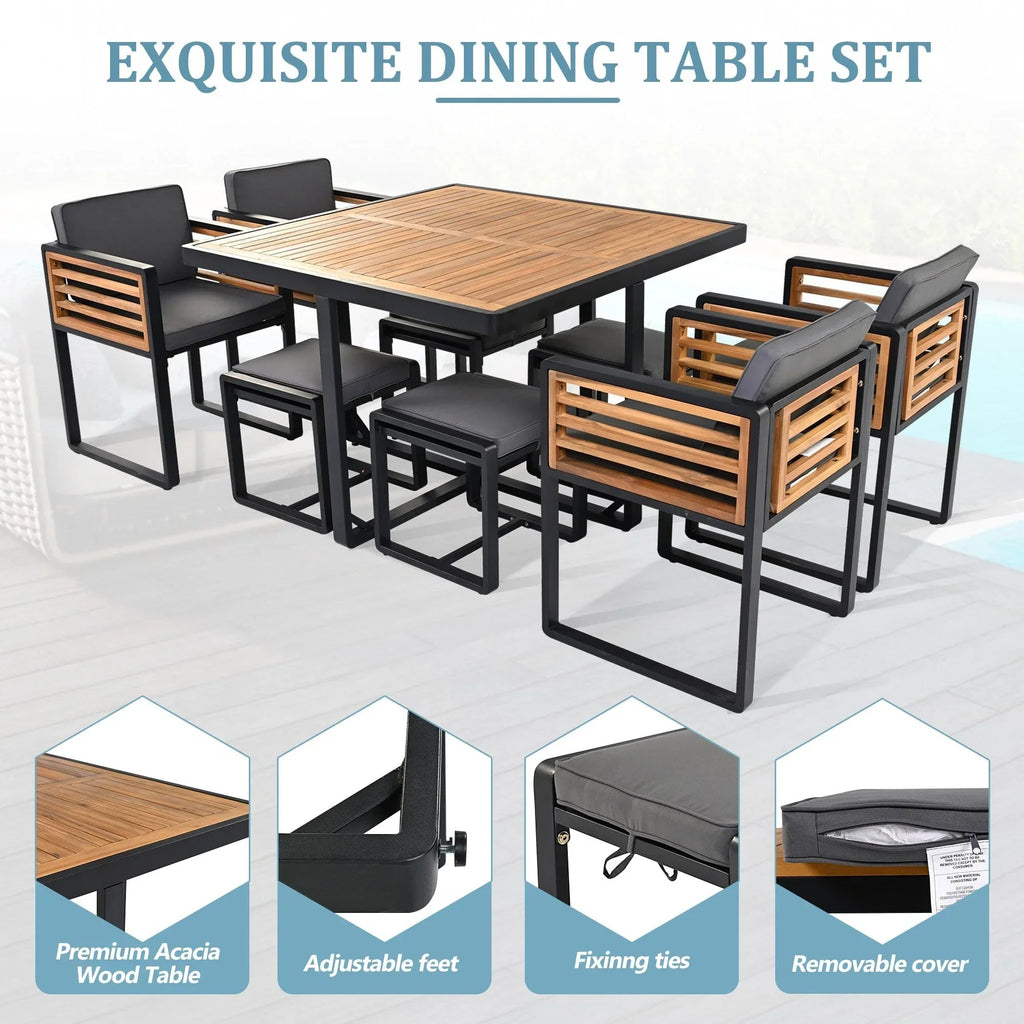 18-teiliges Terrassen-Essgruppen-Set aus Akazienholz, 8 gepolsterte Stühle & 8 Hocker & 2 quadratische Tische