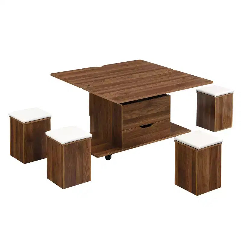 Multifunktionaler moderner Couchtisch mit Hebefunktion, verstecktem Stauraum, 4 Hockern und Rollen, perfekt für moderne Wohnbereiche