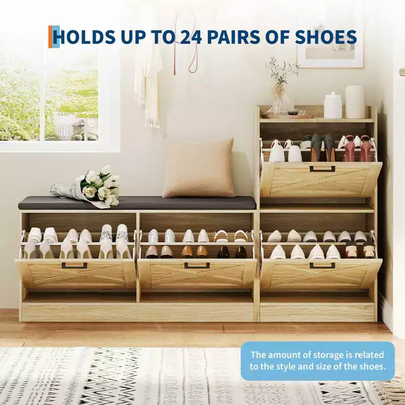 Sitzbank mit 4 Klappfächern und gepolstertem Sitzkissen, schmaler Schuhschrank aus Holz, geeignet als Bank für den Eingangsbereich des Wohnzimmers