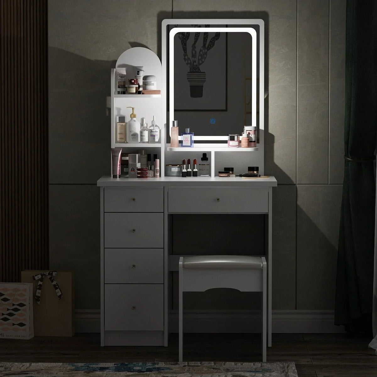 Schminktisch-Set mit LED-Beleuchtung, Spiegel und Hocker