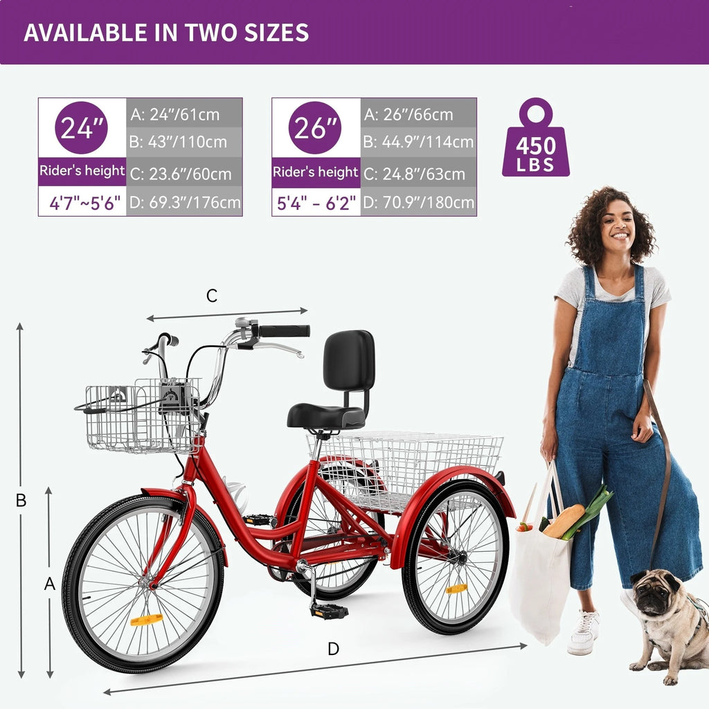 26 Zoll blaues Erwachsenen-Dreirad, 3-Rad-Fahrrad mit abnehmbaren Körben