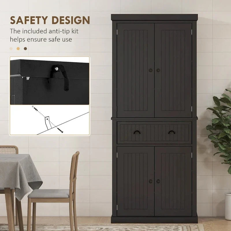 72 Küchenschrank, traditioneller freistehender Schrank mit 4 Türen und 3 verstellbaren Einlegeböden, großer zentraler Schublade