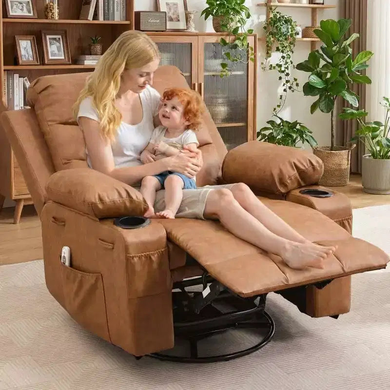 Übergroßer 360°-Dreh- und Schaukelsessel mit Massage und Heizung – Ergonomischer Loungesessel mit Getränkehaltern, Seitentaschen für Wohnzimmer, Kinderzimmer