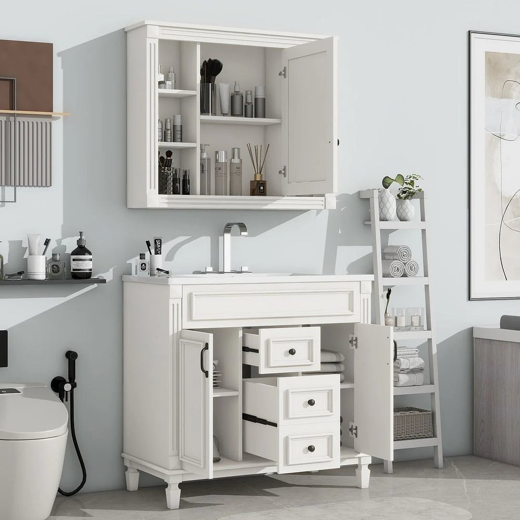 Moderner 36'' Badschrank mit Aufsatzwaschbecken und Spiegelschrank, 2 Türen und 2 Schubladen