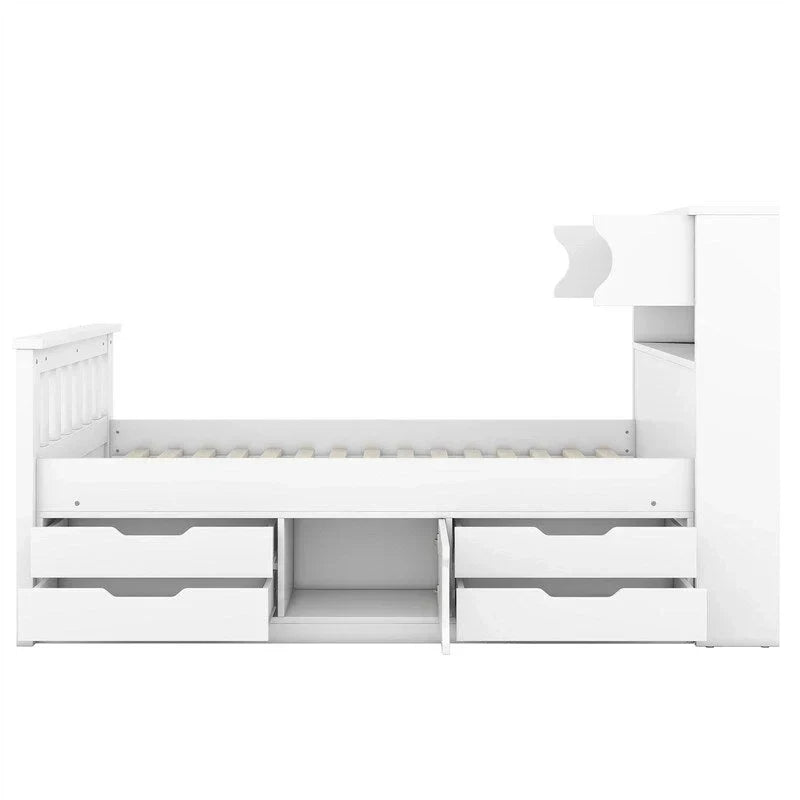 Doppel-/Full Size Captains-Plattformbett mit 4 Schubladen und Ablageflächen, Massivholz-Bettrahmen mit Stauraum-Bücherregal-Kopfteil