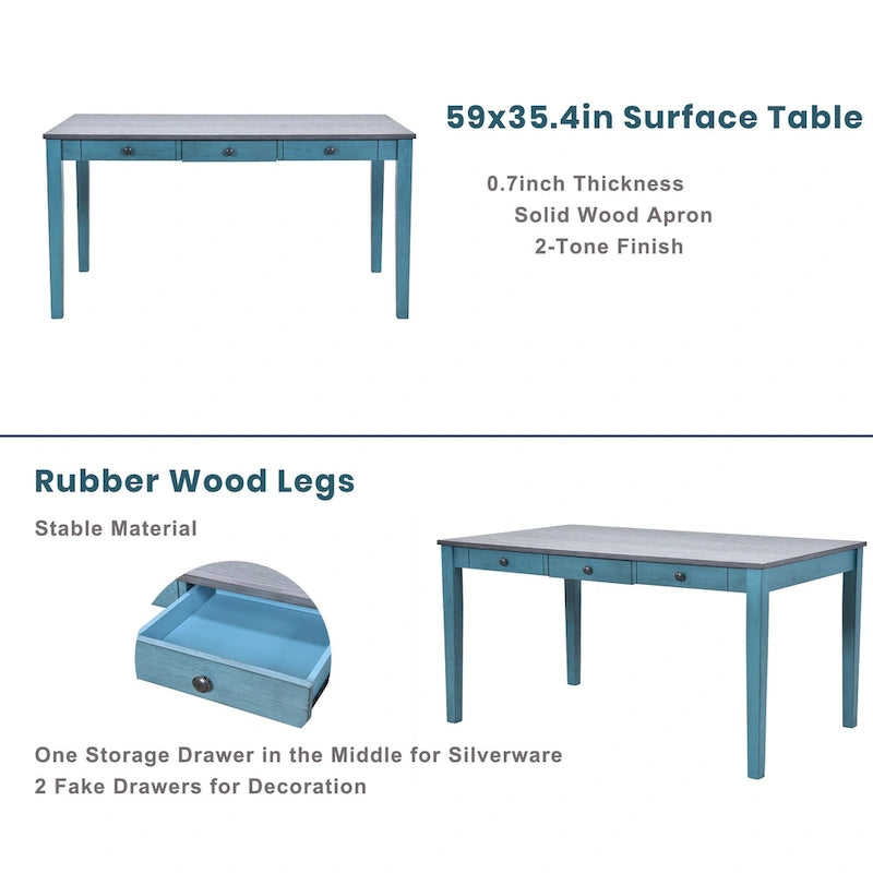 6-teiliges Esszimmerset aus Holz mit 4 Stühlen und einer Bank, Tisch mit Schublade