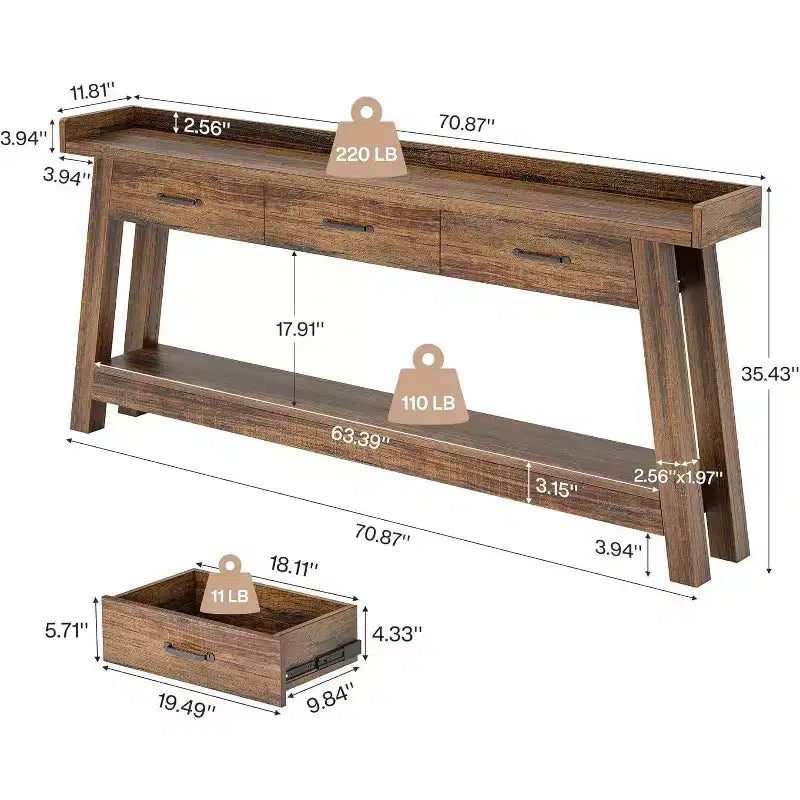 Lantine 2-stöckiger Sofatisch mit 3 Schubladen, 180 cm Konsolentisch mit erhöhter Ablage und Staufächern für Wohnzimmer, Flur, Eingangsbereich