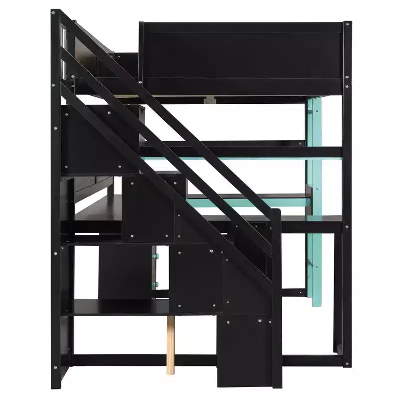 GDFStudio Scott hölzernes Gaming-Hochbett mit Stauraumtreppe, Schreibtisch, Regalen und Lochwand