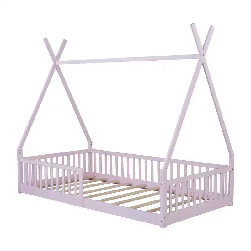 Bodenbett für Kinder, Zeltbetten in Doppelbettgröße, Montessori-Bodenbett mit Lattenrost und Zaungeländer, Holz-Hausbettgestell für Jungen und Mädchen