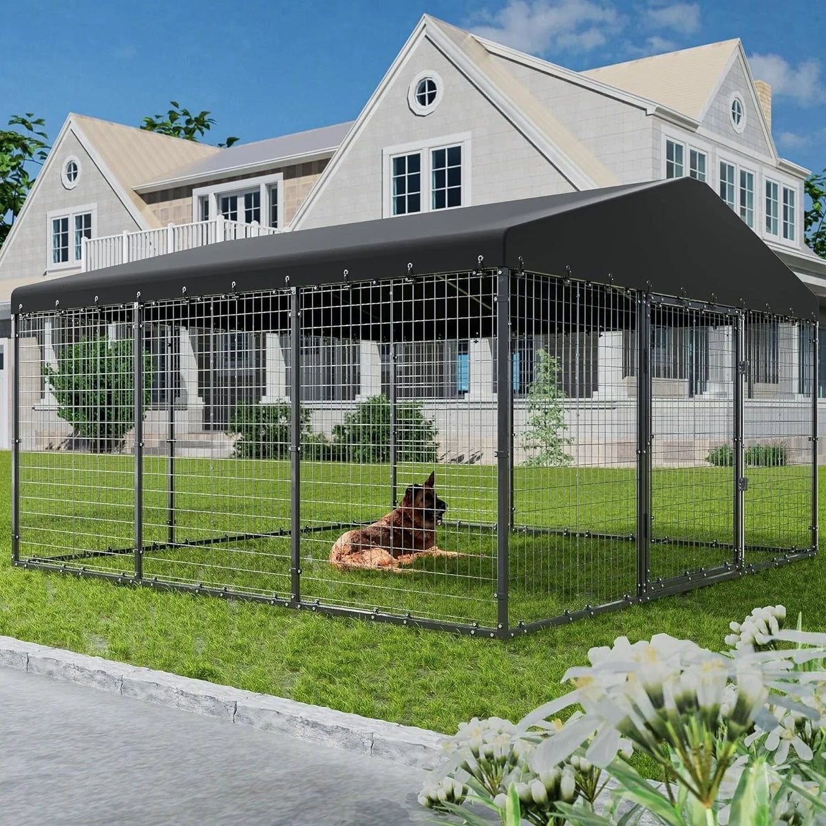 B 118 x T 118 x H 70 Großer Hundeauslauf für den Außenbereich, strapazierfähiger Hundezwinger mit wasserdichtem Dach