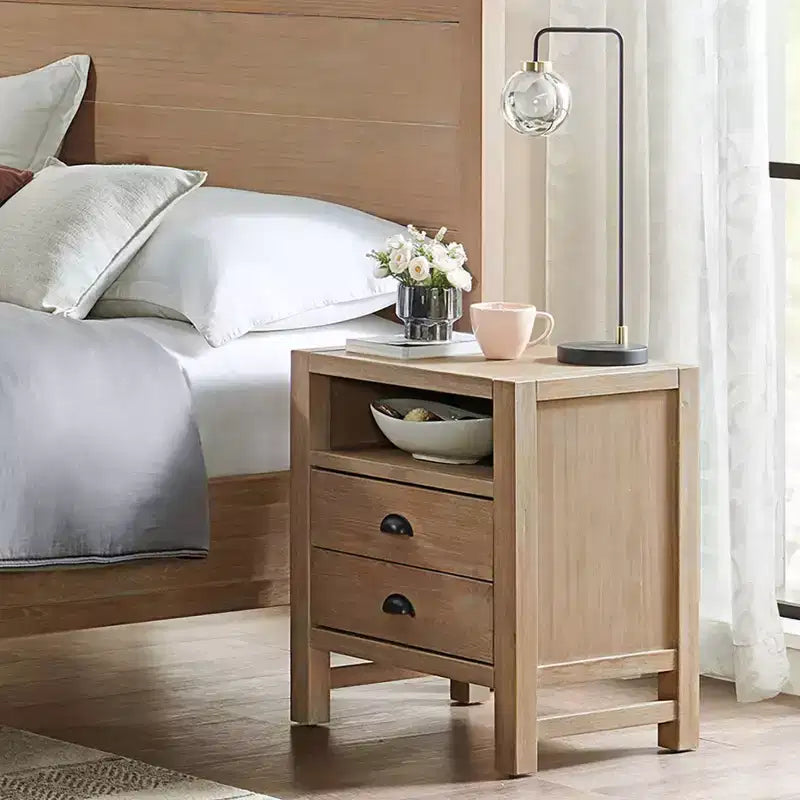 Nachttisch Arden mit 2 Schubladen aus hellem Treibholz - Alaterre Furniture: Rustikaler Kiefernholzrahmen, offenes Regal, Hardware aus geölter Bronze