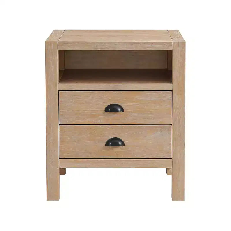 Nachttisch Arden mit 2 Schubladen aus hellem Treibholz - Alaterre Furniture: Rustikaler Kiefernholzrahmen, offenes Regal, Hardware aus geölter Bronze