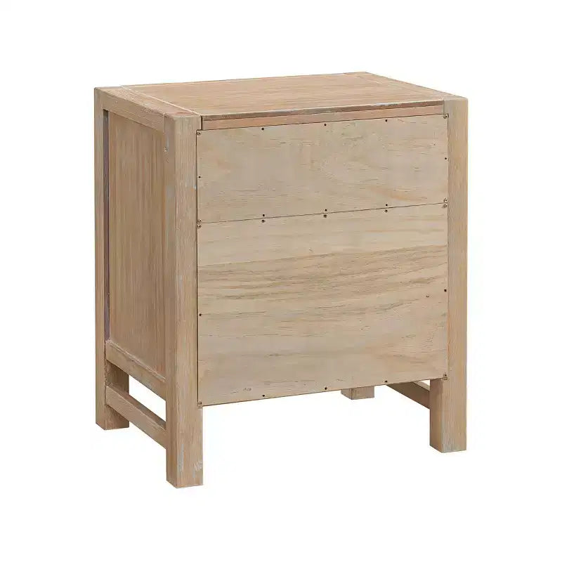 Nachttisch Arden mit 2 Schubladen aus hellem Treibholz - Alaterre Furniture: Rustikaler Kiefernholzrahmen, offenes Regal, Hardware aus geölter Bronze