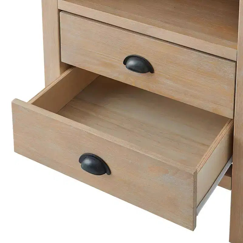 Nachttisch Arden mit 2 Schubladen aus hellem Treibholz - Alaterre Furniture: Rustikaler Kiefernholzrahmen, offenes Regal, Hardware aus geölter Bronze