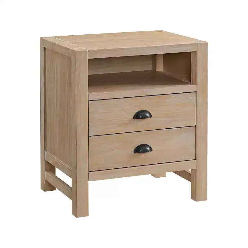 Nachttisch Arden mit 2 Schubladen aus hellem Treibholz - Alaterre Furniture: Rustikaler Kiefernholzrahmen, offenes Regal, Hardware aus geölter Bronze