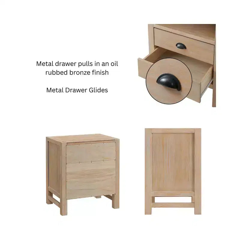 Nachttisch Arden mit 2 Schubladen aus hellem Treibholz - Alaterre Furniture: Rustikaler Kiefernholzrahmen, offenes Regal, Hardware aus geölter Bronze
