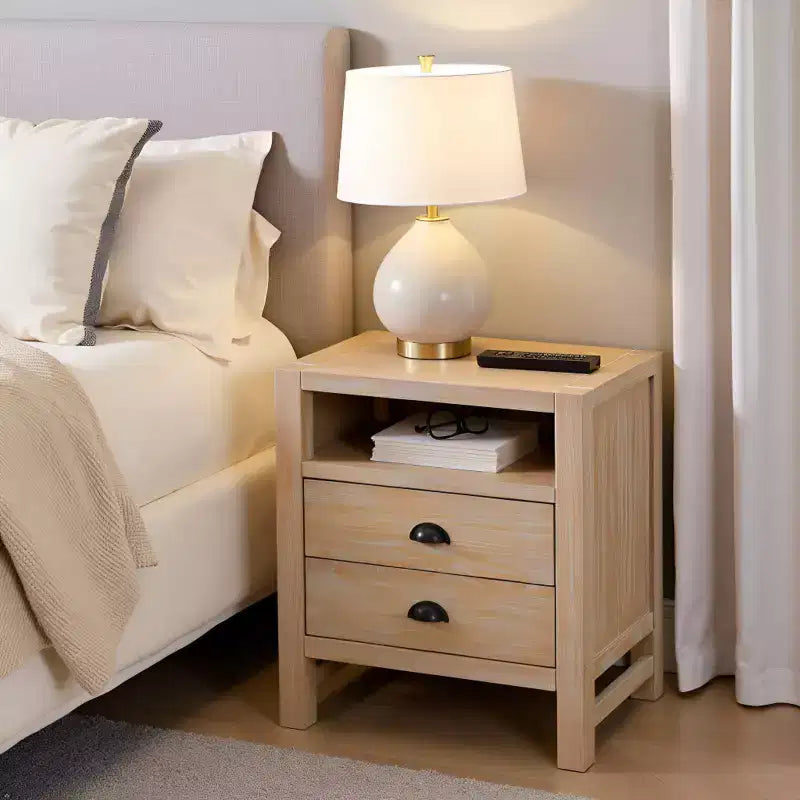 Nachttisch Arden mit 2 Schubladen aus hellem Treibholz - Alaterre Furniture: Rustikaler Kiefernholzrahmen, offenes Regal, Hardware aus geölter Bronze