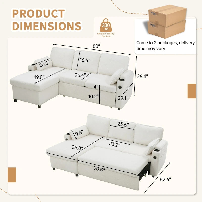 80 L-förmiges Schlafsofa, Sofabett mit Ausziehbett, umwandelbares Schlafsofa