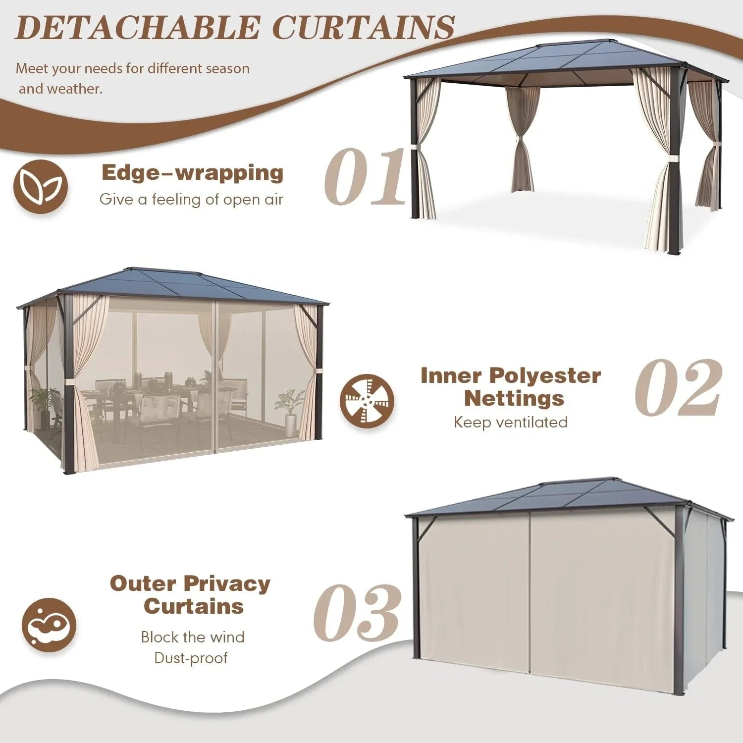 EROMMY Hardtop-Pavillon, Outdoor-Pergola mit Doppeldach & Netzen & Vorhängen, Hochleistungs-Canopy für Terrasse, Garten, Poolparty