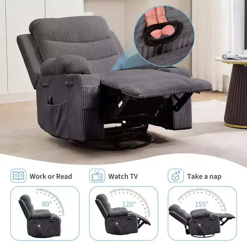 Übergroßer 360°-Dreh- und Schaukelsessel mit Massage und Heizung – Ergonomischer Loungesessel mit Getränkehaltern, Seitentaschen für Wohnzimmer, Kinderzimmer