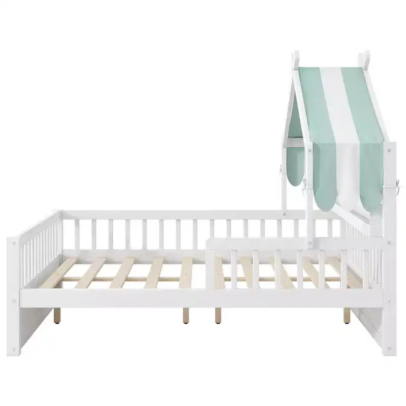 ModernLuxe Hausbett aus Holz für Zwillinge/Standardgröße mit Stauraum-Kopfteil, Kinderbettgestell aus massivem Kiefernholz mit Rausfallschutz