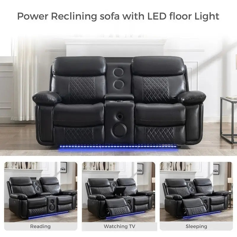 Elektrisches Liegesofa mit kabelloser Ladestation, Leselampe, LED-Beleuchtung für Wohnzimmer, Kunstleder, AC-/USB-Anschluss, Getränkehalter, Schwarz