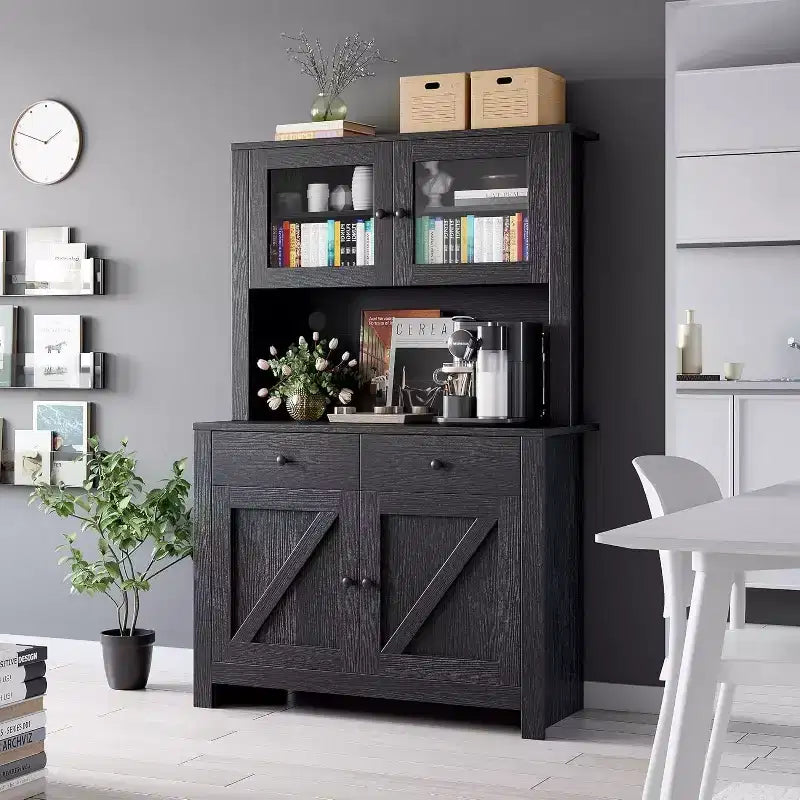 Küchenschrank mit Mikrowellenständer, Vitrinenschrank mit Anrichte und verstellbaren Einlegeböden, für Küche, Esszimmer