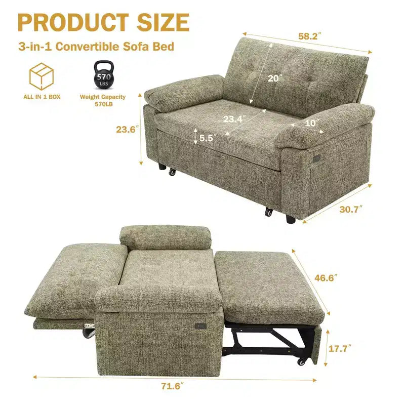 Dyonery 3-in-1 Schlafsofa, Ausziehbares Schlafsofa mit verstellbarer Rückenlehne