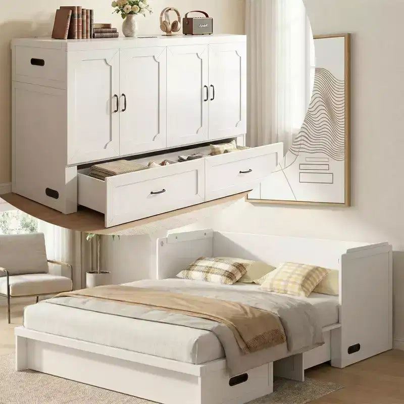 Mjkone Queen-Size-Schrankbett mit Matratze, USB-Ladeanschluss und Aufbewahrungsschubladen