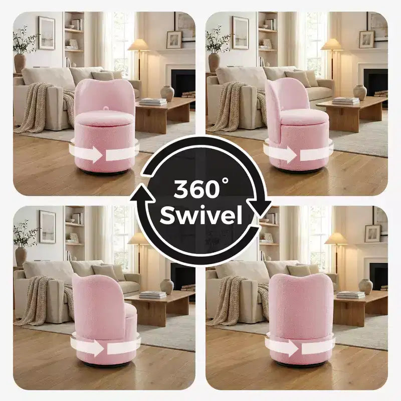 Drehbarer Schminkstuhl mit Stauraum, gepolsterter runder Make-up-Hocker mit Rückenlehne, weich gepolsterter Fass-Akzent-Sessel für Schlafzimmer und Wohnzimmer