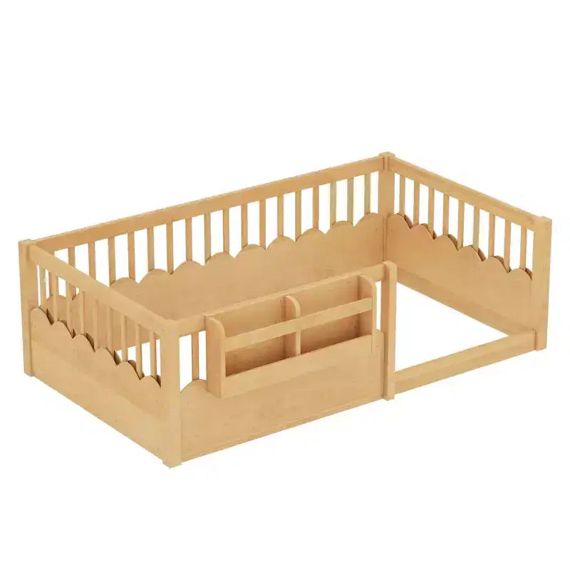 Bellemave Kinder-Bodenbett mit erhöhtem Zaun und Bücherregal, hölzernes Montessori-Bettgestell in Twin-Größe für Mädchen und Jungen