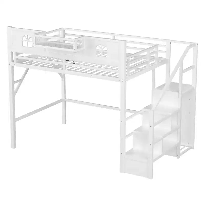 ModernLuxe Hochbett für Full/Queen-Betten mit Treppe und integriertem Kleiderschrank, Metallbettgestell mit LED-Beleuchtung, USB-Ladestation und Ablagefächern