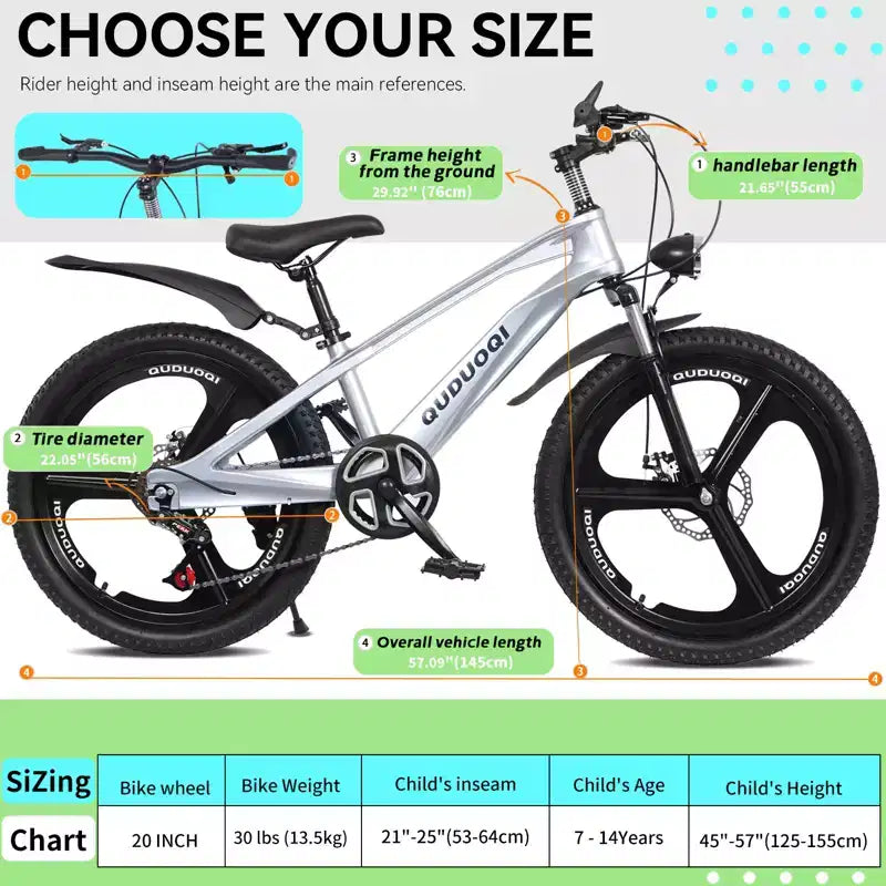NAYSAYE 20 Zoll Kinder-Mountainbike mit 7-Gang-Antrieb und Magnesiumlegierungsrahmen für Jungen und Mädchen im Alter von 8-12 Jahren, 57.09*21.65*29.92
